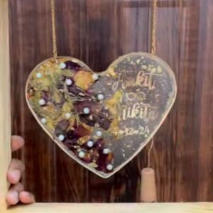 Personalized Heart Swing Resin Keepsake with LED Light | Varmala Flower Preservation | Custom Hanging Memory Frame